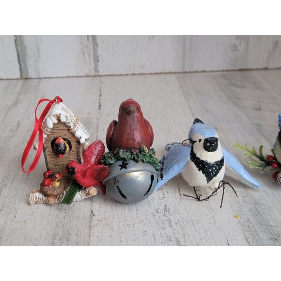 Red cardinal blue jay set ornament Xmas bell - Picture 2 of 5